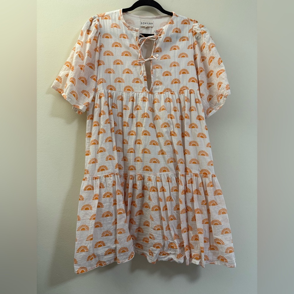 SOHANA Sunshine Tie Front Swing Dress in White‎ and Orange - M